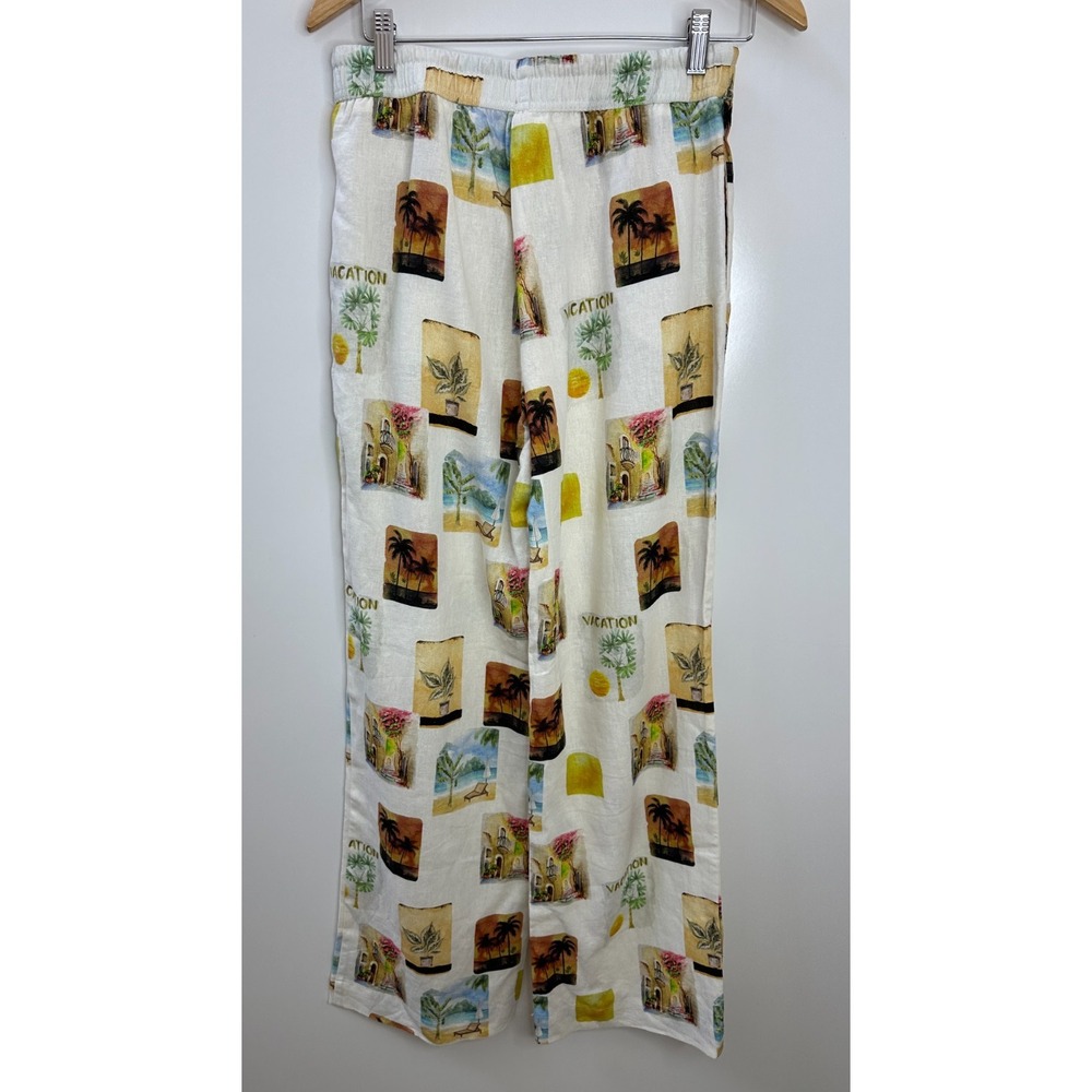 C&C California Small Linen Blend Vacation Print Wide Leg Pants Ivory Multi - Picture 9 of 13